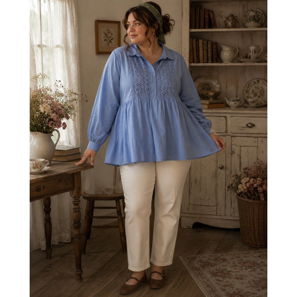 Womens XL Blue Eyelet Lace Tiered Babydoll Tunic Long Sleeve Cottagecore Pastel